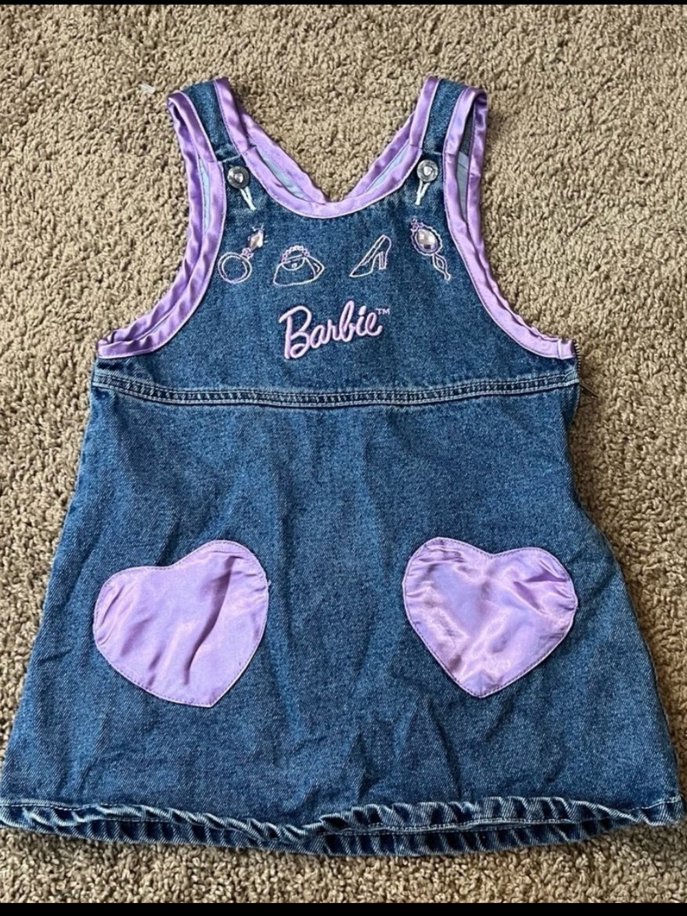 Barbie Denim Dress Sz 5 Purple Hearts Pockets Satin Jewels HTF Vintage 1998